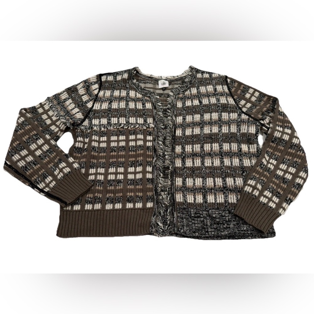 CAbi Women's Size Large Plaid Knit Cardigan with Open Front and Fringe Trim"